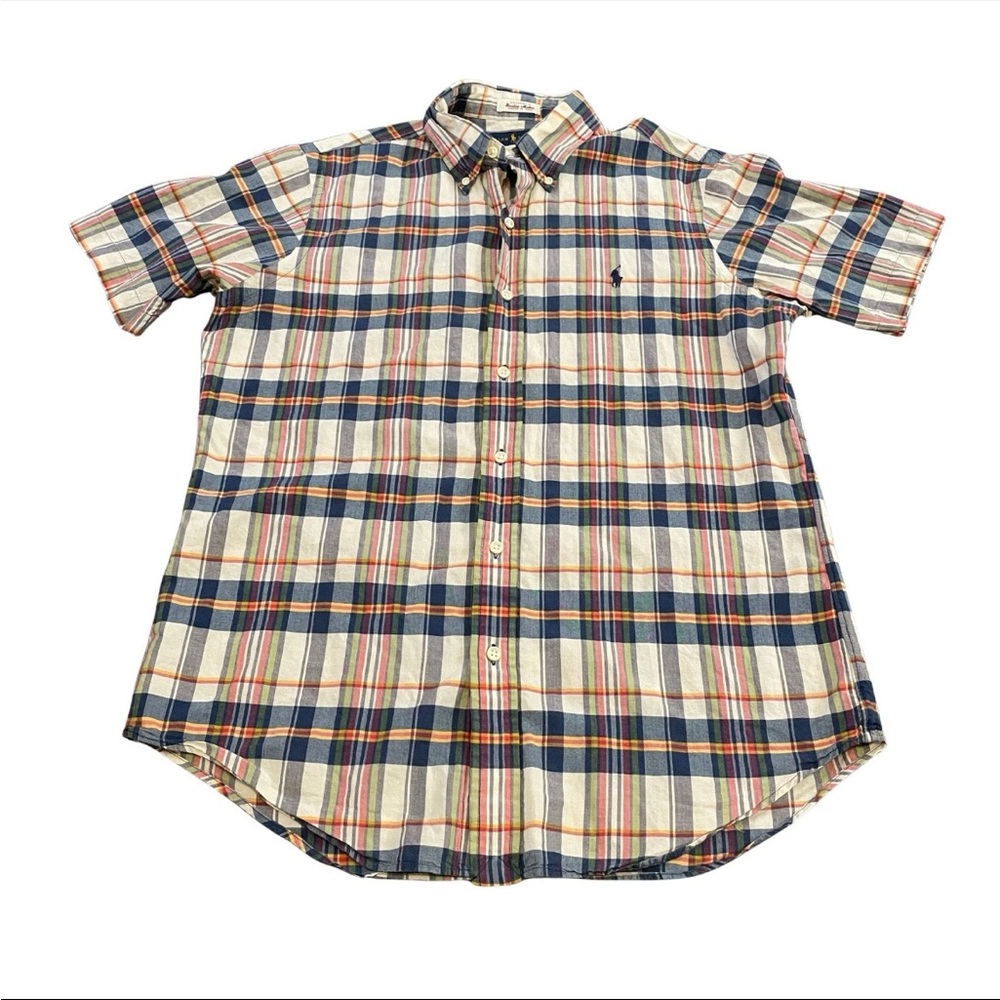 Ralph Lauren Bleeding Madras Plaid Medium Button Down Blue Yellow Preppy Style